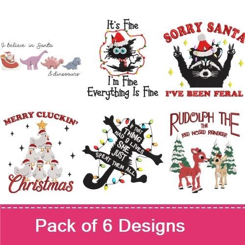 Funny Christmas Critters Embroidery Designs Bundle – Funny Christmas Cat, Believe in Santa Dinosaur, & More (6 Designs)