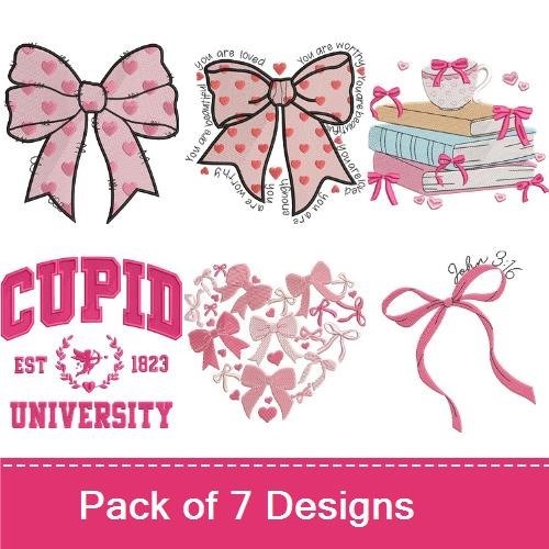 Bows & Love Messages Embroidery Designs Bundle – Pink Bow with Hearts, Love Message Bow, Cupid University & More (7 Designs)