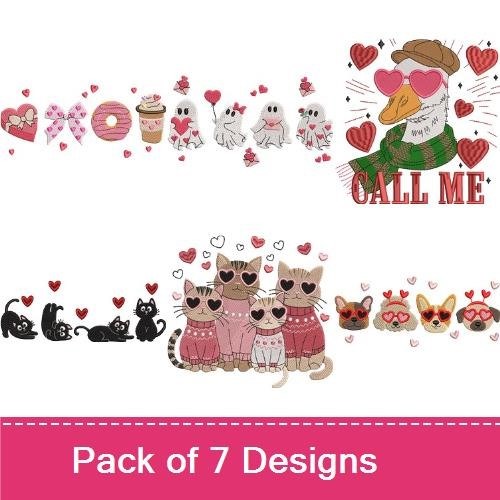 Valentine's Day Critter Embroidery Designs Bundle – Goose with Heart Glasses, Cute Love Birds, Coffee Cup with Hearts & More (7 Designs)