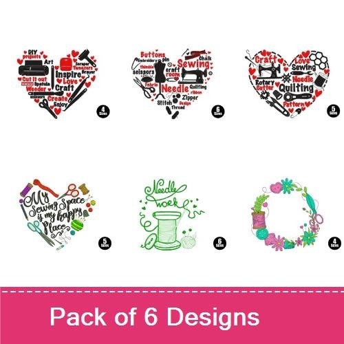 Crafting Tools & Inspirational Sewing Embroidery Designs Bundle – Crafting Tools Heart, Sewing Essentials Heart & More (6 Designs)
