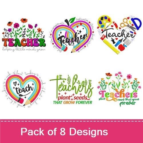 Teacher Appreciation Embroidery Designs Bundle – Teacher with Flowers, Open Book, Heart with Teacher Text & More (8 Designs)