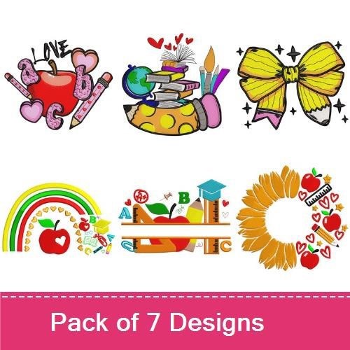 Back to School Embroidery Designs Bundle – Welcome Back to School, Love Pencil, Crayons and Apples & More (7 Designs)