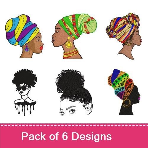 Elegant Headwraps & Hairstyles Embroidery Designs Bundle – Colorful Headwrap with Earrings, Yellow and Purple Headwrap & More (6 Designs)