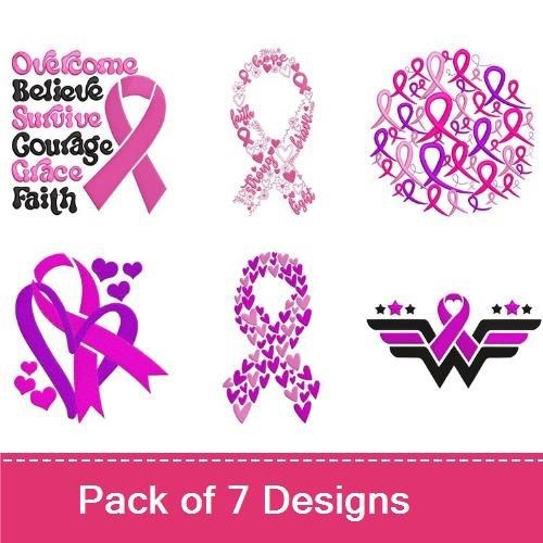 Breast Cancer Awareness Ribbons Embroidery Designs Bundle – Love Hope Cure, Heart with Awareness Ribbon, Floral Breast Cancer Ribbon & More (7 Designs)