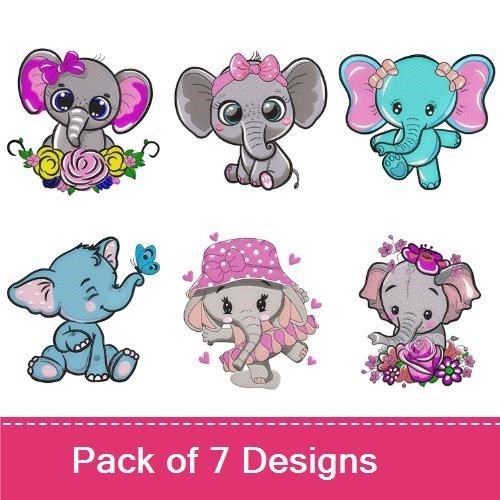 Cute Baby Elephants Embroidery Designs Bundle – Baby Elephant with Flower, Baby Elephant with Bow, & More (7 Designs)