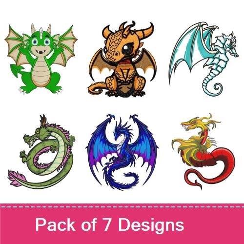 Cute & Fierce Dragon Embroidery Designs Bundle – Cute Dragon, Green Dragon, Fierce Dragon & More (7 Designs)