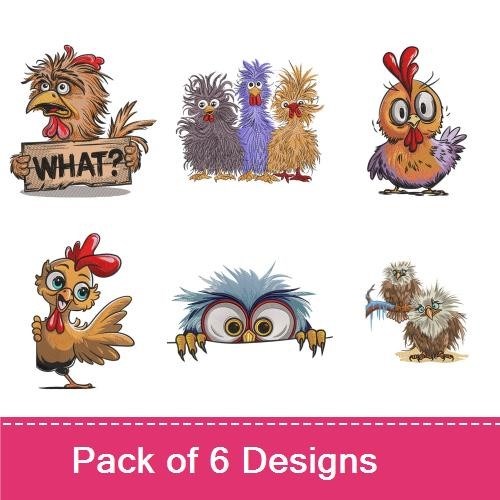 Funny Cartoon Birds Embroidery Designs Bundle – Chicken with Sign, Fluffy Bird with Tuft, Blue Chicken & More (6 Designs)