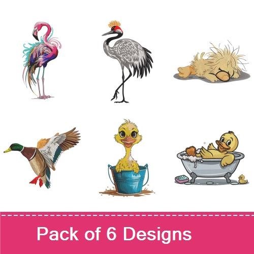 Charming Birds Embroidery Bundle – Flamingo, Cranes, Duckling & More (6 Designs)