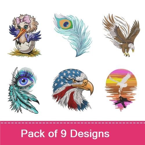 Birds and Feathers Embroidery Designs Bundle – Colorful Bird, Ostrich Face, Peacock Feather & More (9 Designs)