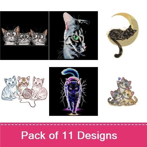 Cat-Themed Embroidery Designs Bundle – Three Cartoon Cats, Sitting Cat, Sleeping Cat & More (11 Designs)