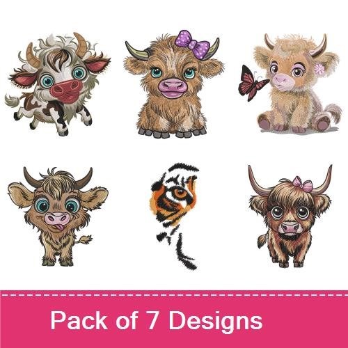 Highland Cow Embroidery Bundle – Cow with Bow, Baby Cow, Cow with Glasses & More (7 Designs)