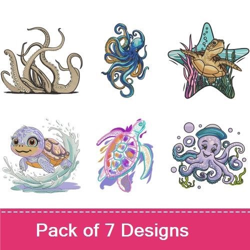 Underwater Creatures Embroidery Designs Bundle – Turtle with Crown, Octopus, Starfish & More (7 Designs)