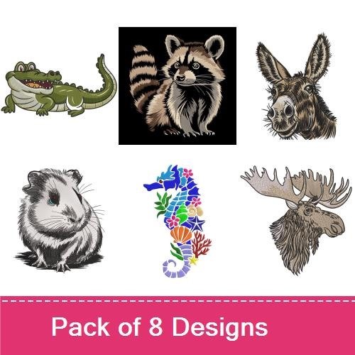 Wildlife and Sea Creatures Embroidery Designs Bundle – Alligator, Raccoon, Seahorse & More (8 Designs)