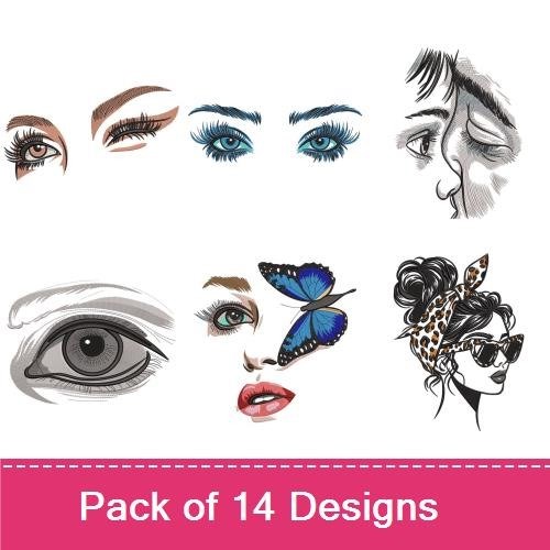 Female Face Embroidery Designs Bundle – Blue Eyes, Makeup, Curly Hair & More (14 Designs)