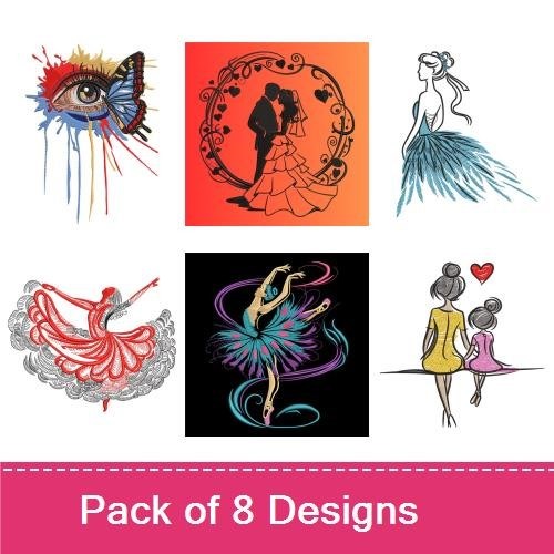Elegant Dance & Romance Embroidery Designs Bundle – Ballet Dancer, Couple Silhouette, Bride and Groom & More (8 Designs)