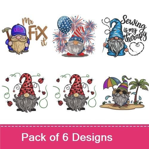 Gnome Embroidery Designs Bundle – Gnome with Fireworks, Fix It Gnome, Sewing is my Therapy Gnome & More (6 Designs)