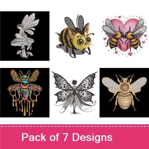 Bees and Fairies Embroidery Designs Bundle – Fairy on Mushroom, Honey Bee, Two Bees with Hearts & More (7 Designs)