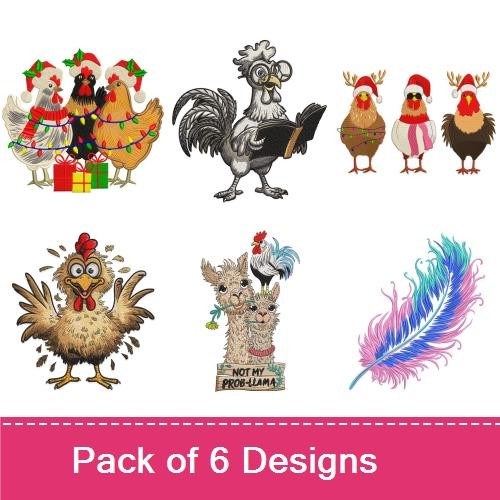Farm Animal Embroidery Bundle – Chickens with Christmas Lights, Llama with Christmas Hat & More (6 Designs)