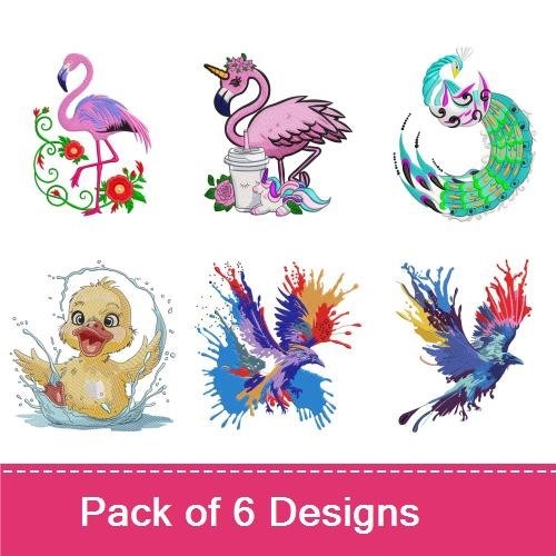 Colorful Bird Embroidery Designs Bundle – Flamingo with Flowers, Colorful Peacock, Duckling & More (6 Designs)