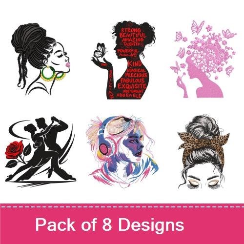 Elegant Women's Silhouettes Embroidery Designs Bundle – Woman with Bun, Profile Silhouette, Flower & More (8 Designs)