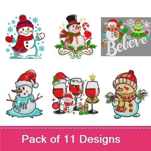 Festive Snowman Embroidery Bundle – Snowman with Scarf, Snowman with Mug, Happy Snowman & More (11 Designs)