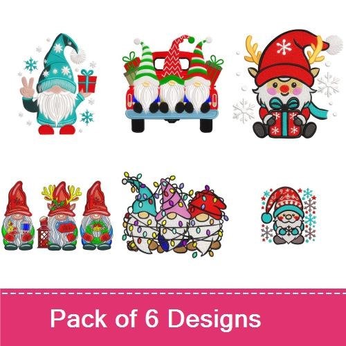 Festive Gnomes Embroidery Designs Bundle – Gnome with Lantern, Gnome with Gifts, Gnome with Snowman & More (6 Designs)