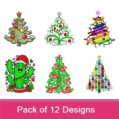 Colorful Christmas Tree Embroidery Designs Bundle – Colorful Tree, Stacked Books Tree, Merry Christmas Typography & More (12 Designs)