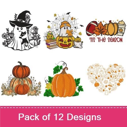Fall & Halloween Embroidery Designs Bundle – Ghost with Pumpkin, Vintage Truck with Pumpkins, Witch Hat with Flowers & More (12 Designs)