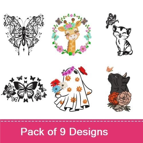 Whimsical Creatures & Butterflies Embroidery Designs Bundle – Colorful Butterflies, Giraffe with Flowers, Cat with Flowers & More (9 Designs)