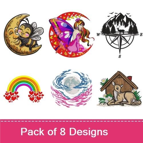 Whimsical Nature Embroidery Designs Bundle – Butterfly Fairy, Moon with Bee, Mountain Compass & More (8 Designs)