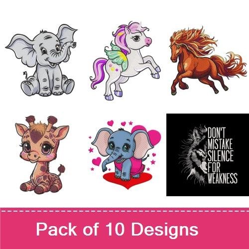 Cute and Majestic Animals Embroidery Designs Bundle – Giraffe, Elephant, Horse & More (10 Designs)