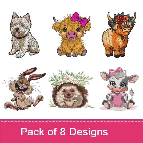 Cute Animal Embroidery Designs Bundle – Baby Cow with Bow, Fluffy Highland Cow, Happy Terrier & More (8 Designs)