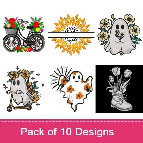 Ghost & Floral Embroidery Designs Bundle – Ghost with Flowers, Bicycle with Flowers, Floral Arrangement & More (10 Designs)