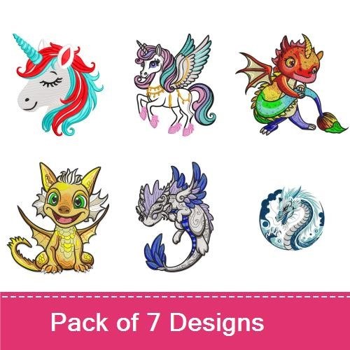 Unicorns & Dragons Embroidery Designs Bundle – Unicorn Head, Rainbow Unicorn, Fire-Breathing Dragon, Pegasus Unicorn & More (7 Designs)