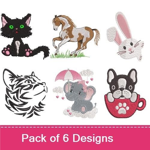 Black Cat, Horse & Bunny Embroidery Bundle – Cute Animal Designs (6 Designs)