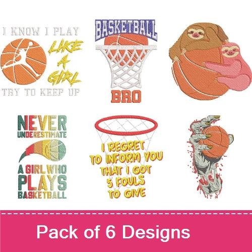 Basketball Humor Embroidery Designs Bundle – I Know I Play Like a Girl, Sloth with Basketball & More (6 Designs)