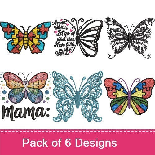Colorful Butterfly Embroidery Designs Bundle – Large Colorful Butterfly Puzzle, Floral Butterfly with 'Mama' Text, & More (6 Designs)