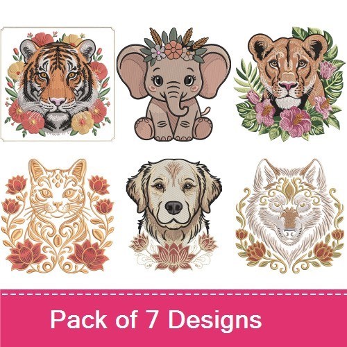 Animals Featuring Tiger, Elephant, Lion, and Cat - 7 designs