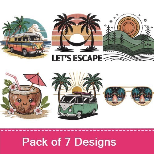 Tropical Vacation Embroidery Designs Bundle – Tropical Van, Coconut Drink with Umbrella, Palm Tree Scene & More (7 Designs)