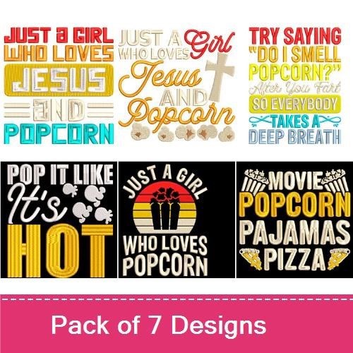 Popcorn & Love Embroidery Designs Bundle – Just a Boy Who Loves Popcorn, Just a Girl Who Loves Pizza & More (7 Designs)