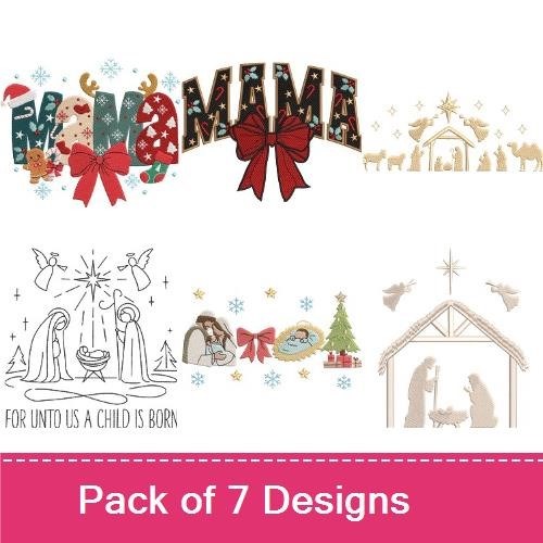 Christmas Nativity and Holiday Letters Embroidery Designs Bundle – Nativity Scene, Holiday Bow, Nurse & More (7 Designs)