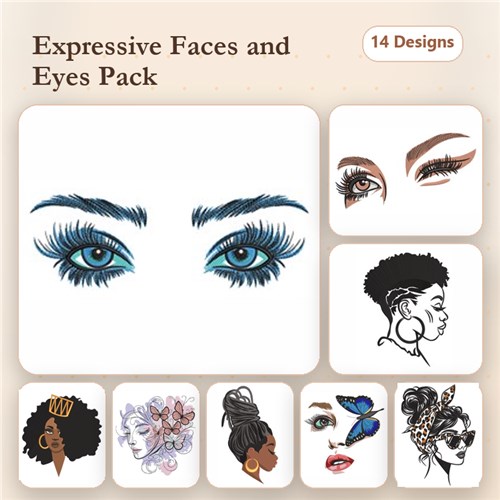 Female Face Embroidery Designs Bundle – Blue Eyes, Makeup, Curly Hair & More (14 Designs)