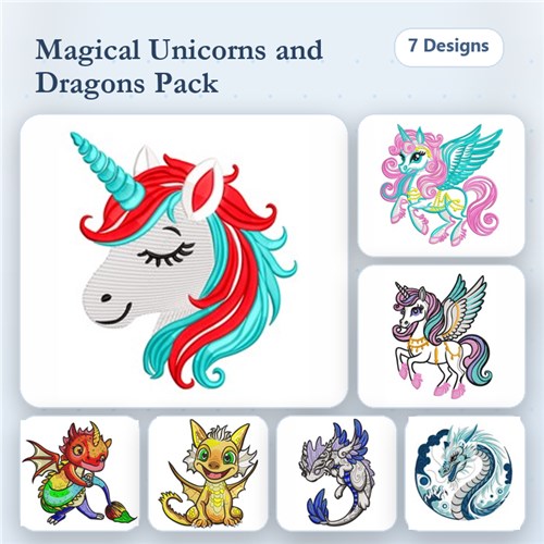 Unicorns & Dragons Embroidery Designs Bundle – Unicorn Head, Rainbow Unicorn, Fire-Breathing Dragon, Pegasus Unicorn & More (7 Designs)