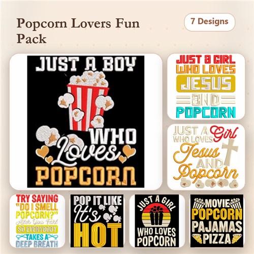 Popcorn & Love Embroidery Designs Bundle – Just a Boy Who Loves Popcorn, Just a Girl Who Loves Pizza & More (7 Designs)