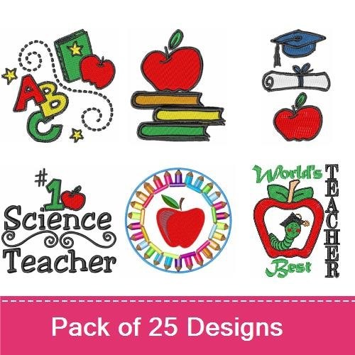 Teacher and School Essentials Embroidery Designs Bundle – Pencil with Apple, Stack of Books, Lunch Time & More (25 Designs)