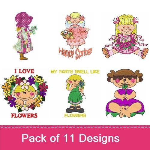Cute Floral Girls Embroidery Designs Bundle – Happy Spring Girl, Floral Girl with Basket, Heart Floral Girl & More (11 Designs)