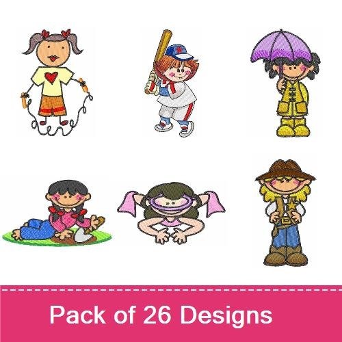 Cute Kids Embroidery Designs Bundle – Little Bugger, Dancing Girl, Girl with Umbrella & More (26 Designs)