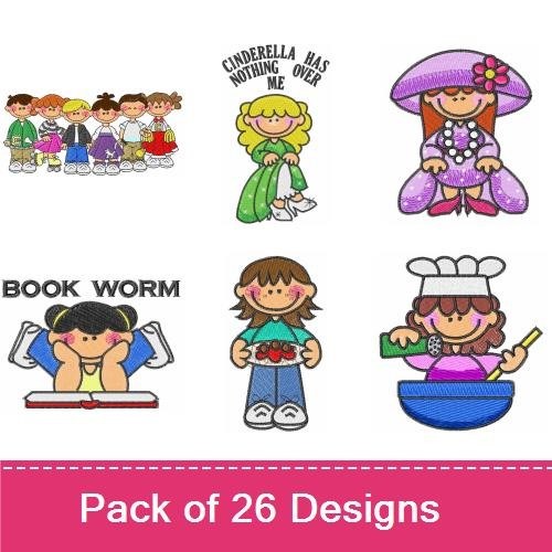 Kids & Fairy Tale Characters Embroidery Designs Bundle – Gymnastics Girl, Cinderella, I Believe in Fairy Tales & More (26 Designs)