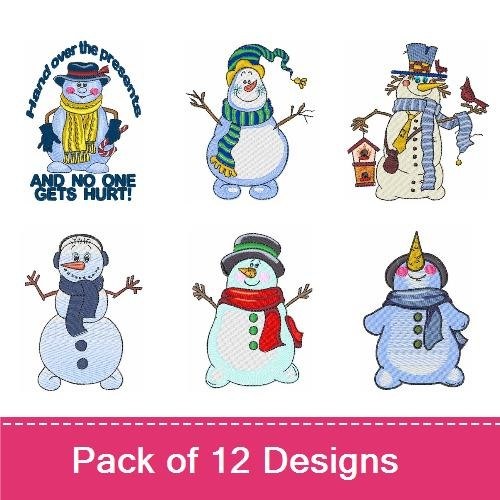 Festive Snowmen & Holiday Cheer Embroidery Designs Bundle – Hand Over the Presents Snowman, Santa with List, & More (12 Designs)