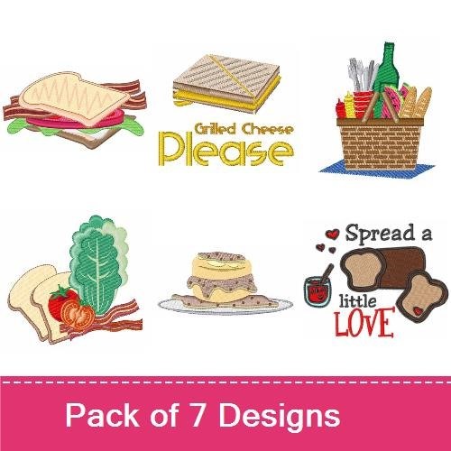 Sandwich and Picnic Embroidery Bundle – Grilled Cheese, Picnic Basket, Lettuce & More (7 Designs)
